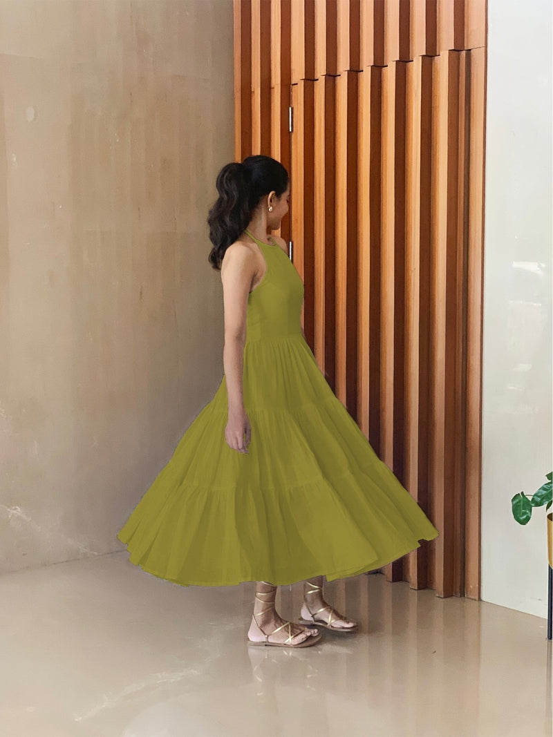 Green 100% Cotton Halter Neck Tier Midi Dress 64" / Custom Height (Free) Green 100% Cotton Halter Neck Tier Midi Dress 64" / Custom Height (Free)