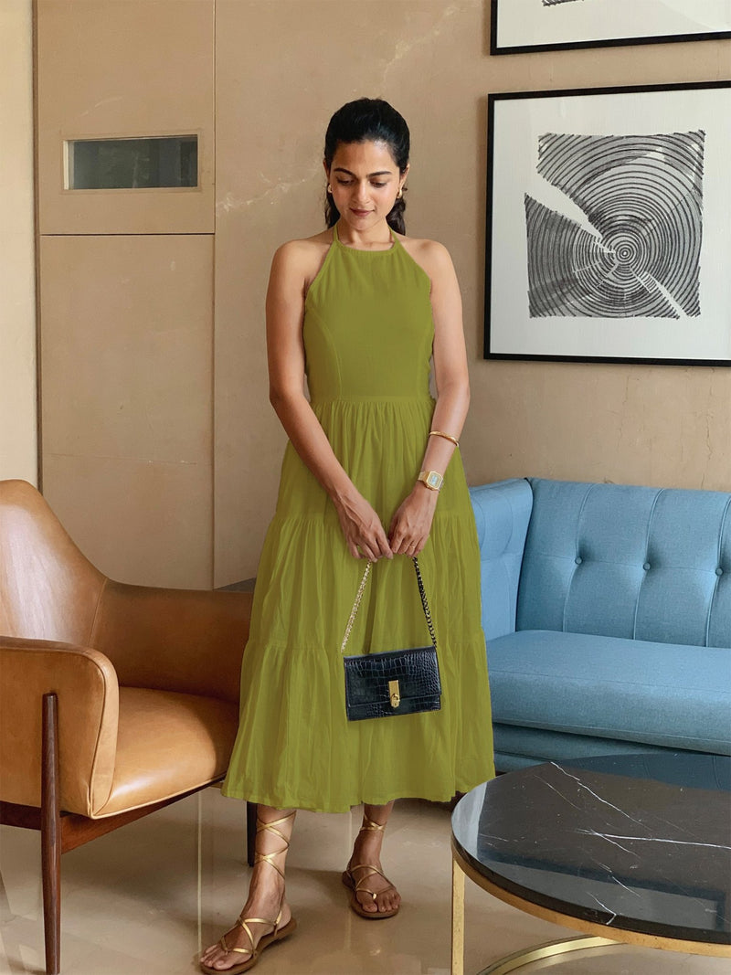 Green 100% Cotton Halter Neck Tier Midi Dress 64" / Custom Height (Free) Green 100% Cotton Halter Neck Tier Midi Dress 64" / Custom Height (Free)