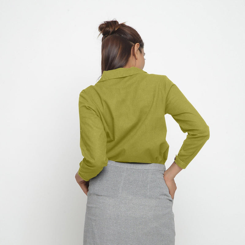 Back View of a Model wearing Solid Green Peter Pan Collar Shirt