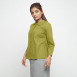 Left View of a Model wearing Solid Green Peter Pan Collar Shirt