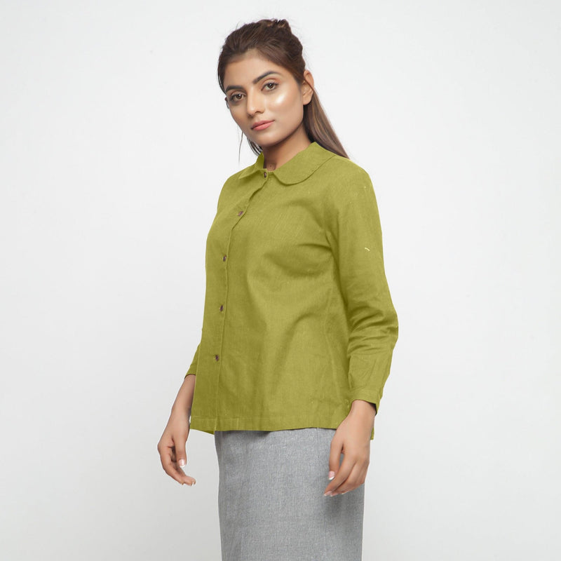 Left View of a Model wearing Solid Green Peter Pan Collar Shirt