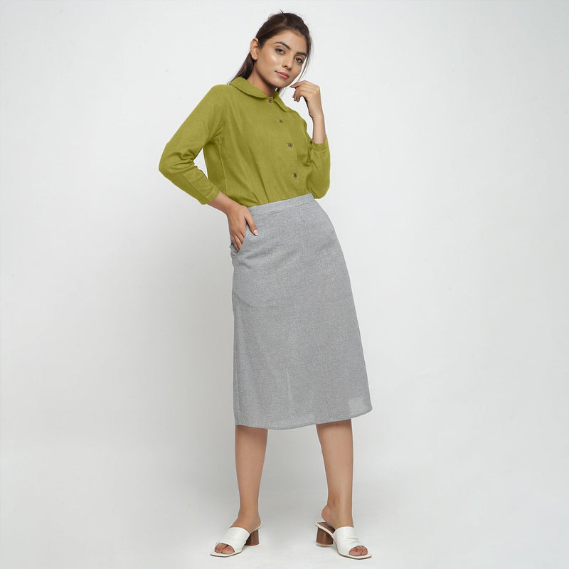 Right View of a Model wearing Solid Green Peter Pan Collar Shirt