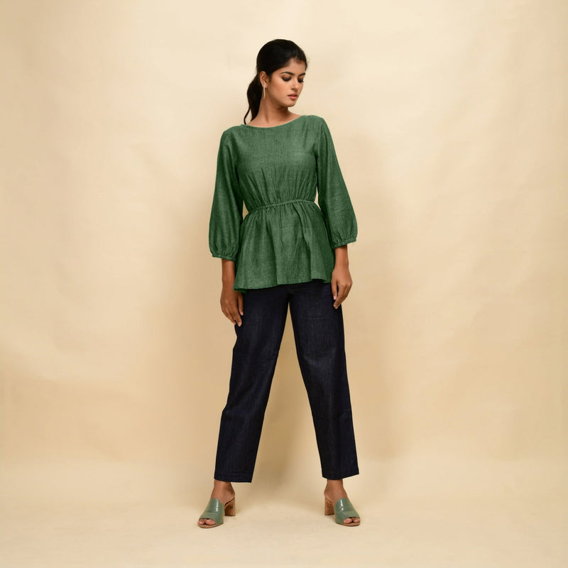 Green 100% Cotton Round Neck Peplum Top