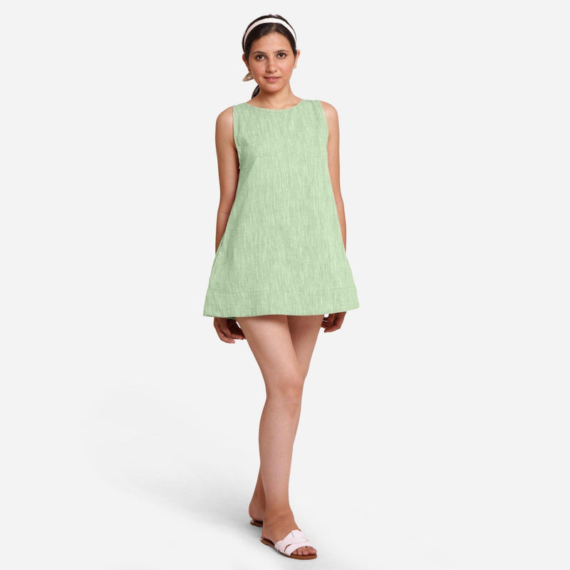 Front View of a Model wearing Green 100% Cotton Sleeveless Mini Tunic