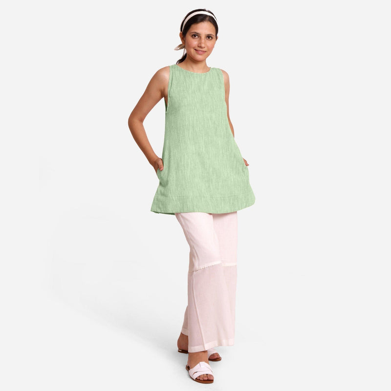 Front View of a Model wearing Green 100% Cotton Sleeveless Mini Tunic