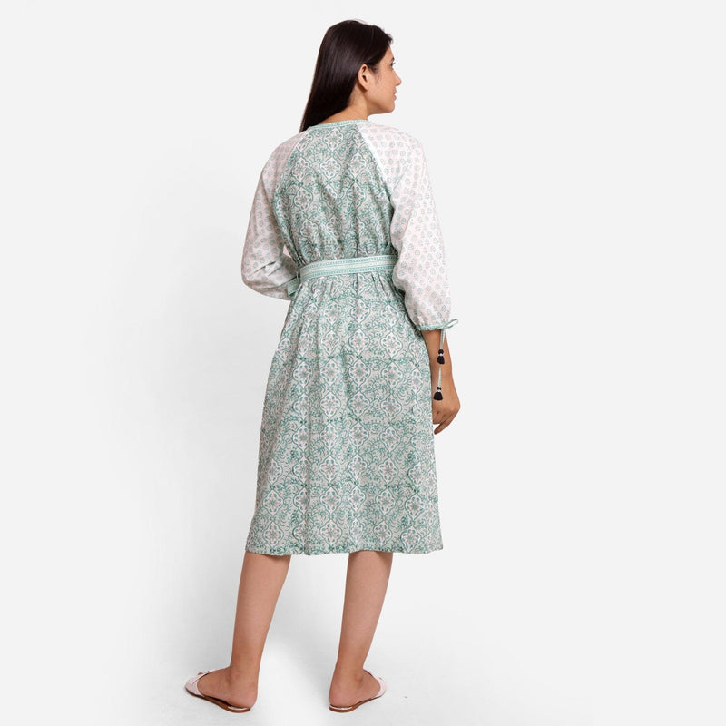 Back View of a Model wearing Green Sanganeri Block Printed Peasant Dress