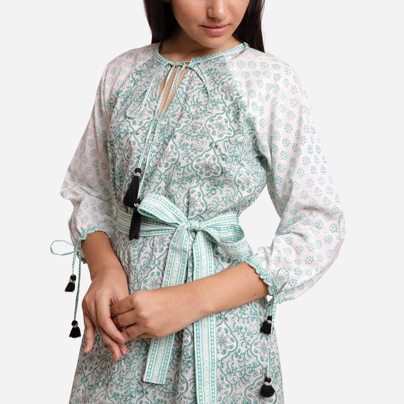 Front Detail of a Model wearing Green Sanganeri Block Printed Peasant Dress