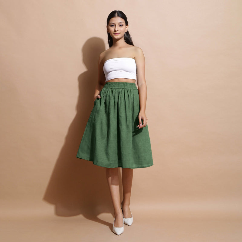 Green Cotton Flared Elasticated Knee Length Skirt