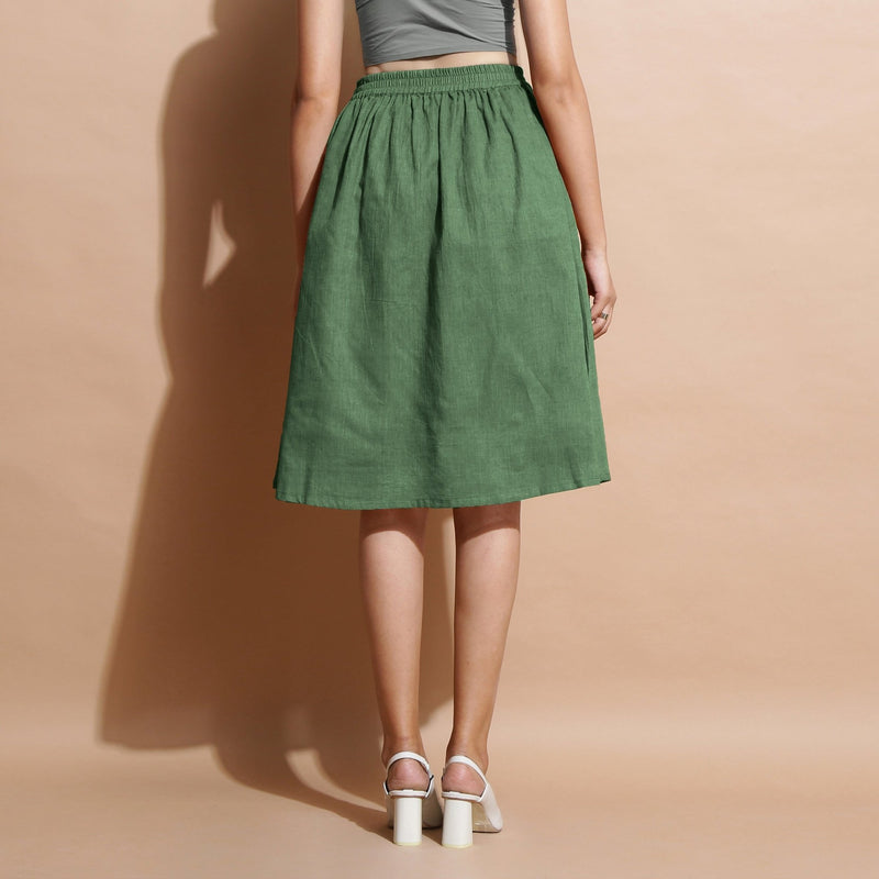 Green Cotton Flared Elasticated Knee Length Skirt