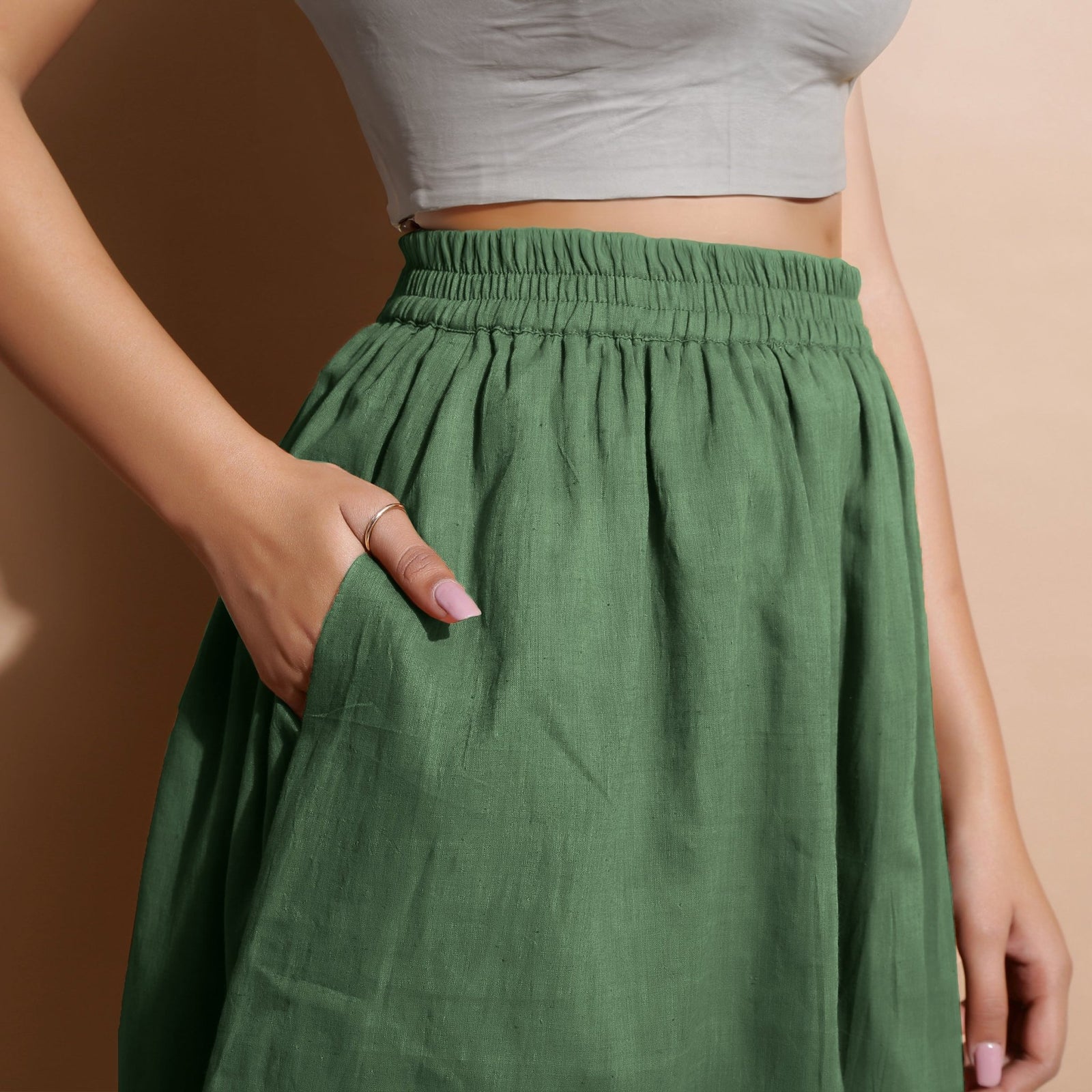 Buy Green Cotton Flared Elasticated Knee Length Skirt Online at