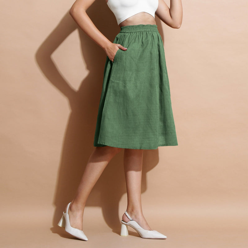 Green Cotton Flared Elasticated Knee Length Skirt