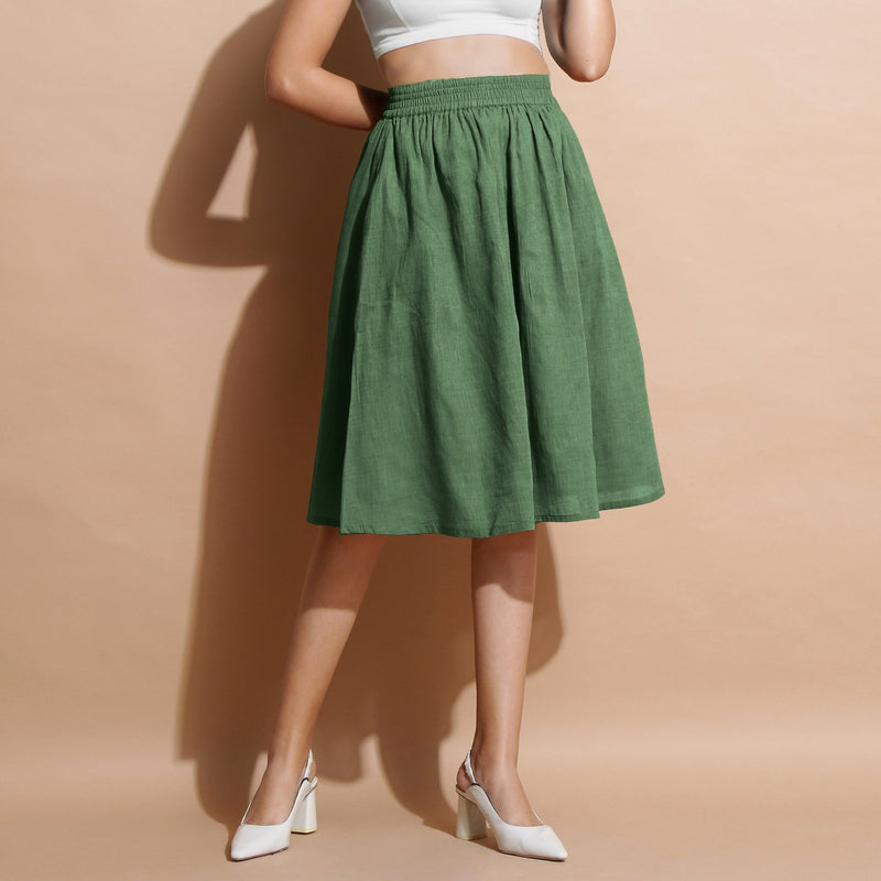 Green Cotton Flared Elasticated Knee Length Skirt
