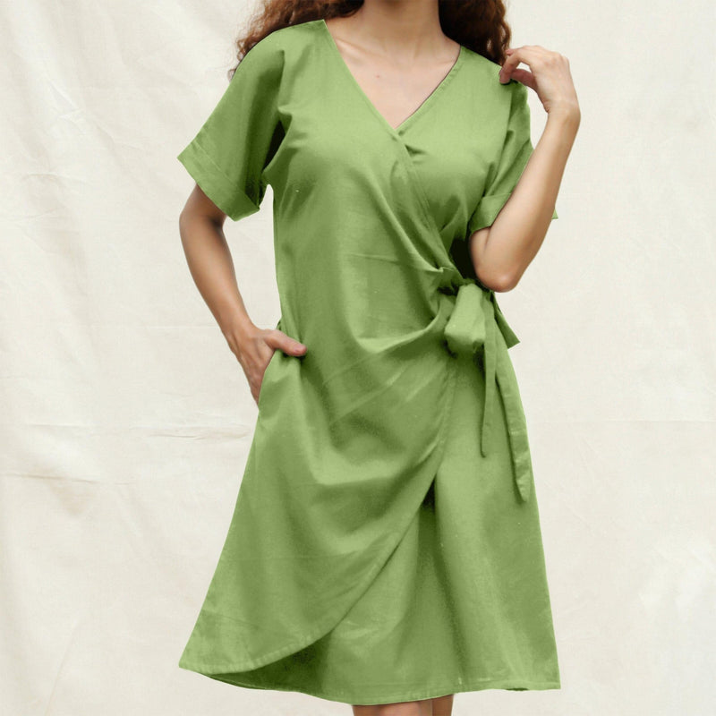 Green Cotton Flax A-Line Knee Length Wrap Dress