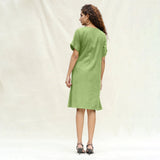 Green Cotton Flax A-Line Knee Length Wrap Dress