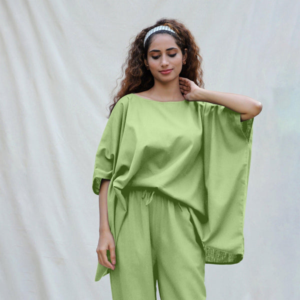 Green Cotton Flax Boat Neck Short Kaftan Top