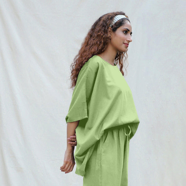 Green Cotton Flax Boat Neck Short Kaftan Top