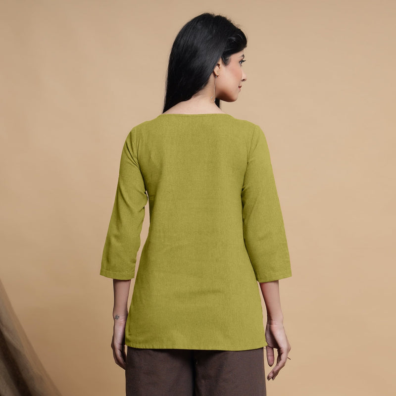 Green Cotton Flax Box-Pleated High Low Top