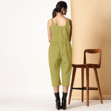 Back View of a Model wearing Green Cotton Flax Button-Down Midi Jumpsuit