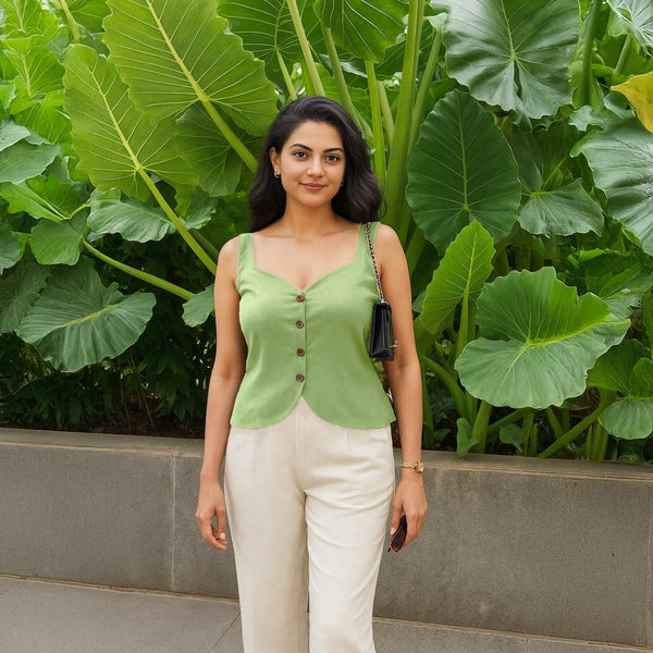 Green Cotton Flax Button-Down Sweetheart Neck Waistcoat