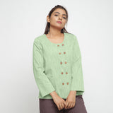 Front View of a Model wearing Green Cotton Flax Button-Down Jacket