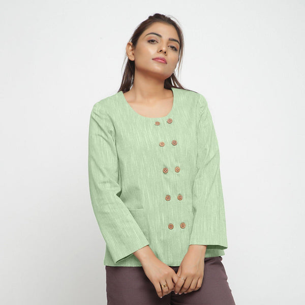 Front View of a Model wearing Green Cotton Flax Button-Down Jacket