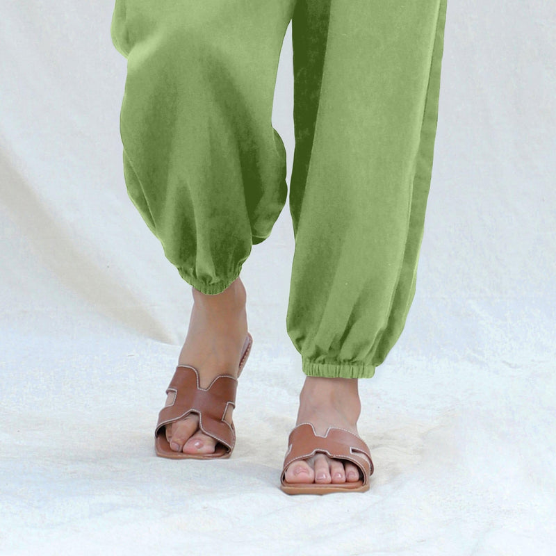 Green Cotton Flax High-Rise Elasticated Jogger Pant
