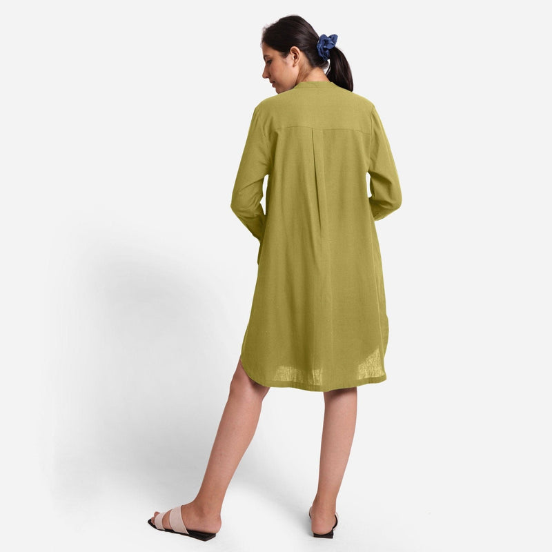 Back View of a Model wearing Green Cotton Flax Shirt Dress