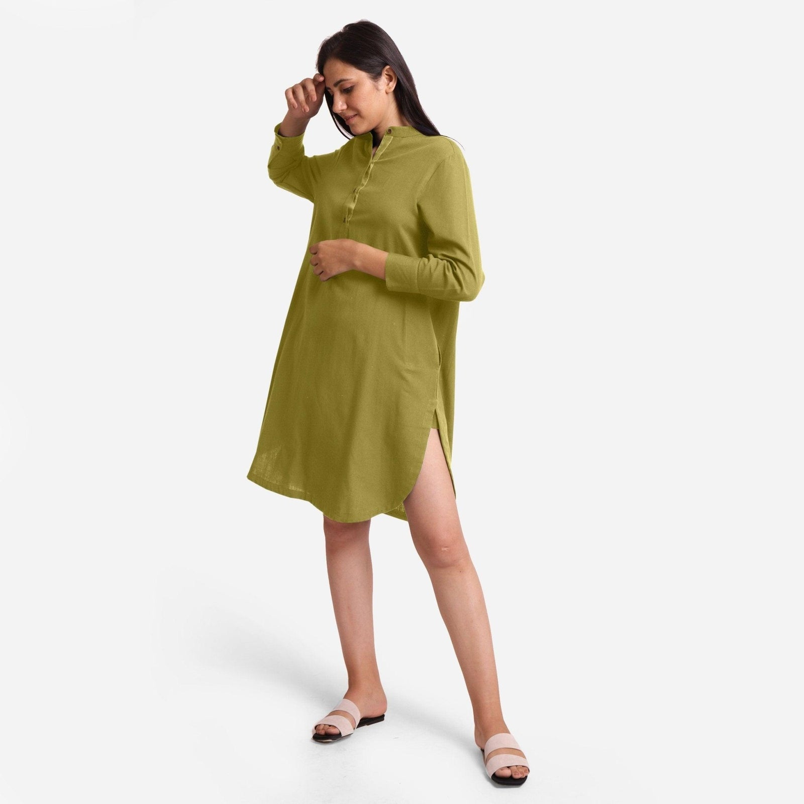 Green Cotton Flax Knee Length Shirt Dress 32" / Tall (5'7" and above)