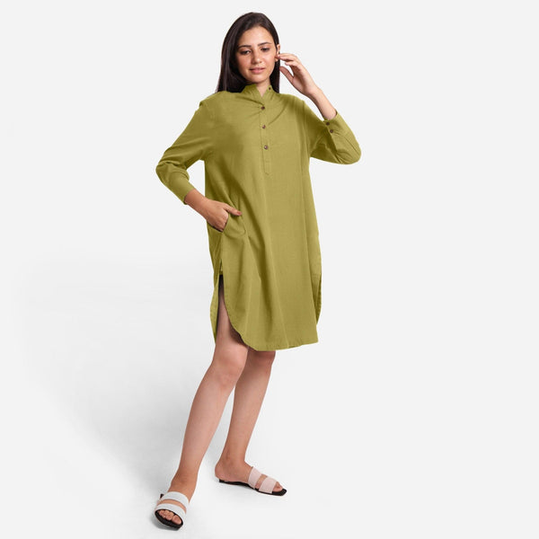 Front View of a Model wearing Green Cotton Flax Shirt Dress