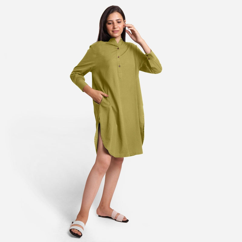 Green Cotton Flax Knee Length Shirt Dress 70" / Petite (5'1" and below) Green Cotton Flax Knee Length Shirt Dress 70" / Petite (5'1" and below)
