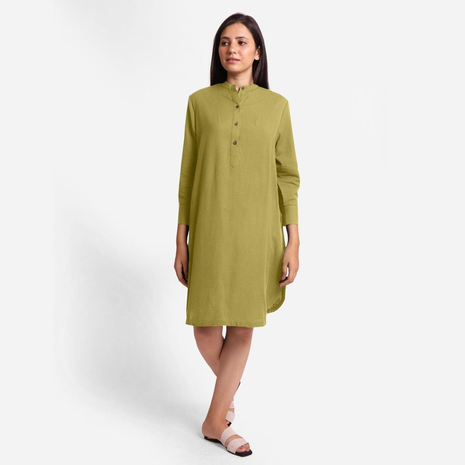 Green Cotton Flax Knee Length Shirt Dress 70" / Petite (5'1" and below) Green Cotton Flax Knee Length Shirt Dress 70" / Petite (5'1" and below)