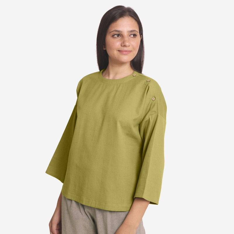 Left View of a Model wearing Green Cotton Flax A-Line Flared Top