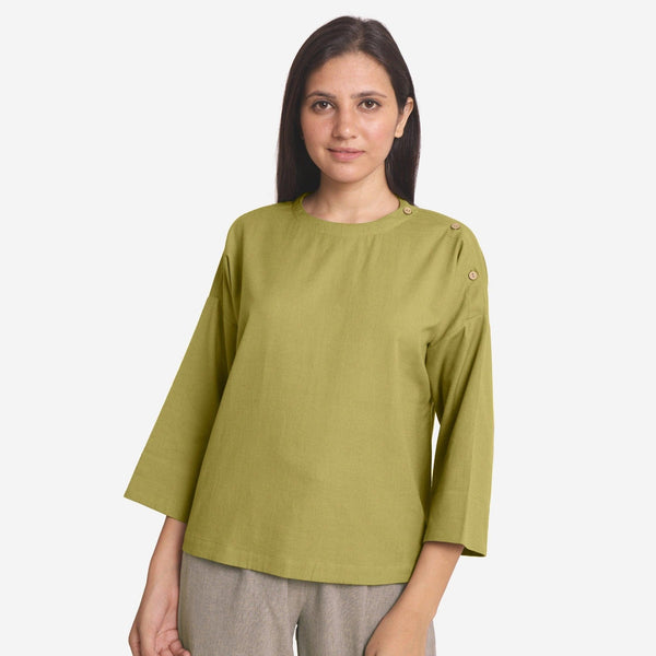 Front View of a Model wearing Green Cotton Flax A-Line Flared Top