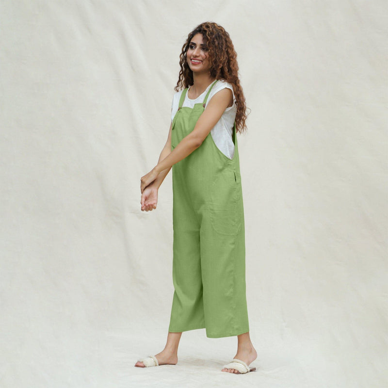 Green Cotton Flax Midi Dungaree Jumpsuit