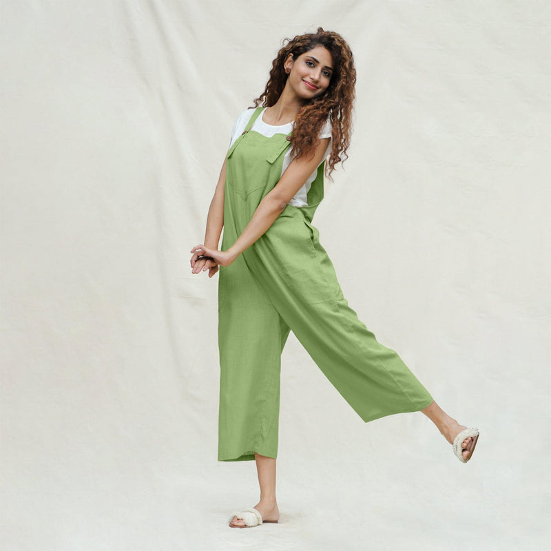 Green Cotton Flax Midi Dungaree Jumpsuit