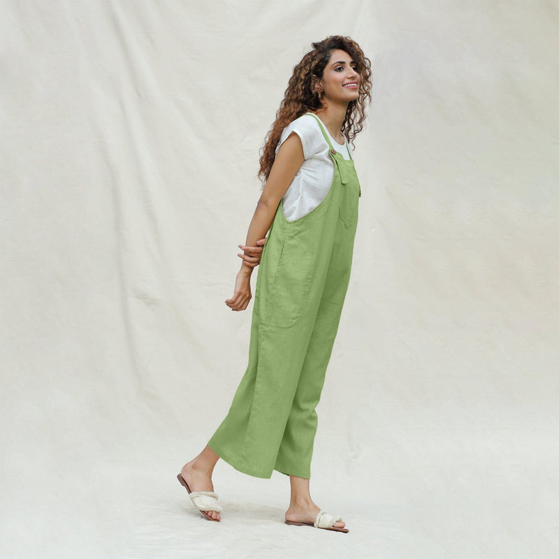 Green Cotton Flax Midi Dungaree Jumpsuit