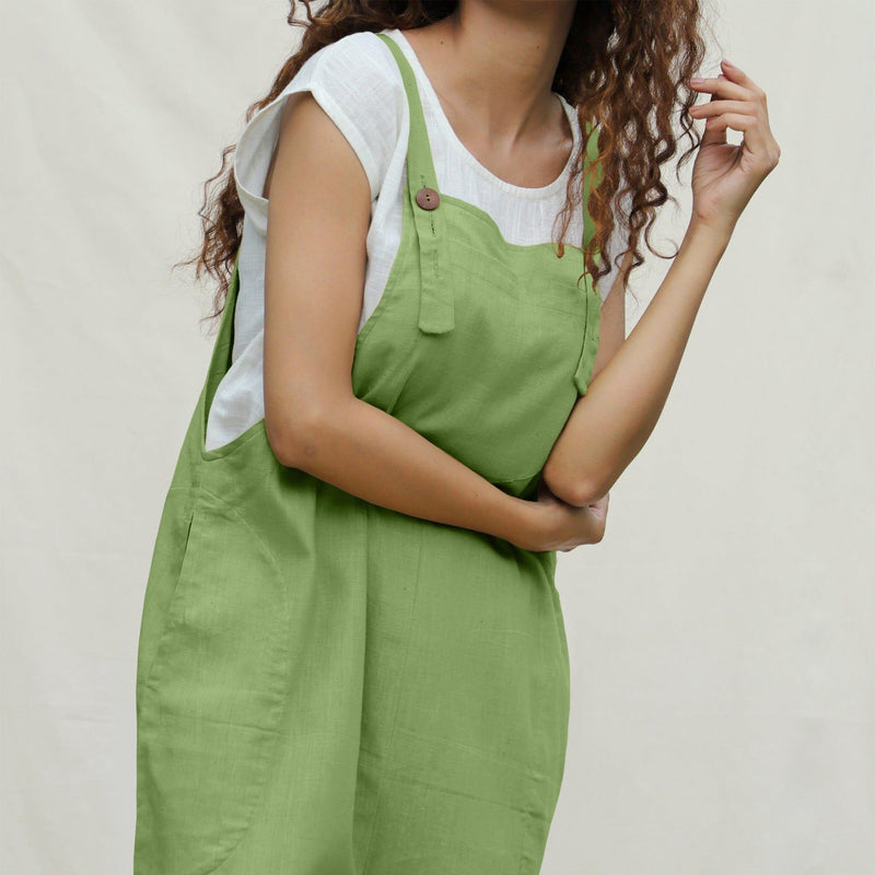 Green Cotton Flax Midi Dungaree Jumpsuit