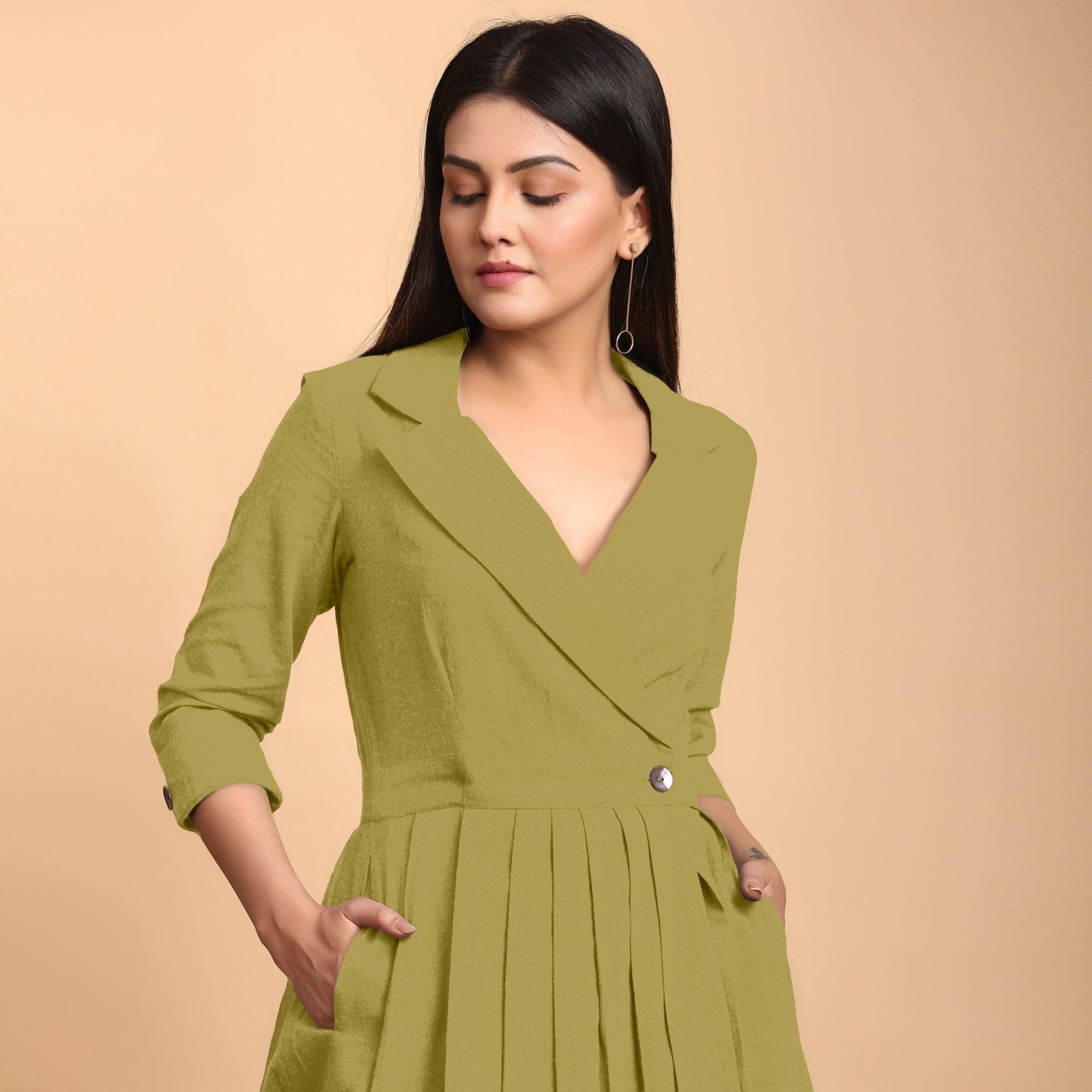 Green Cotton Flax Notched Collar Midi Pleated Wrap Dress 30" / Tall (5'7" and above)