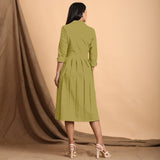 Green Cotton Flax Notched Collar Midi Pleated Wrap Dress