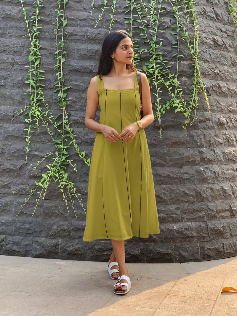 Green Cotton Flax Paneled Midi Dress