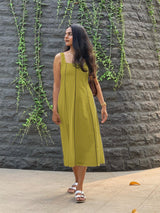 Green Cotton Flax Paneled Midi Dress