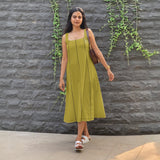 Green Cotton Flax Paneled Midi Dress