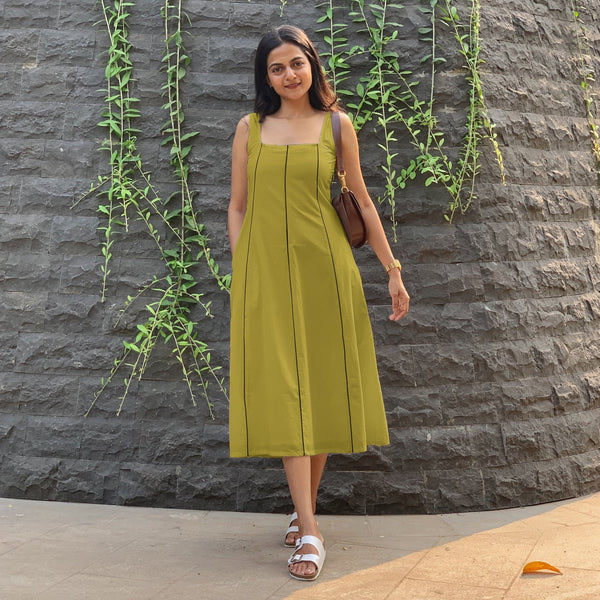 Green Cotton Flax Paneled Midi Dress