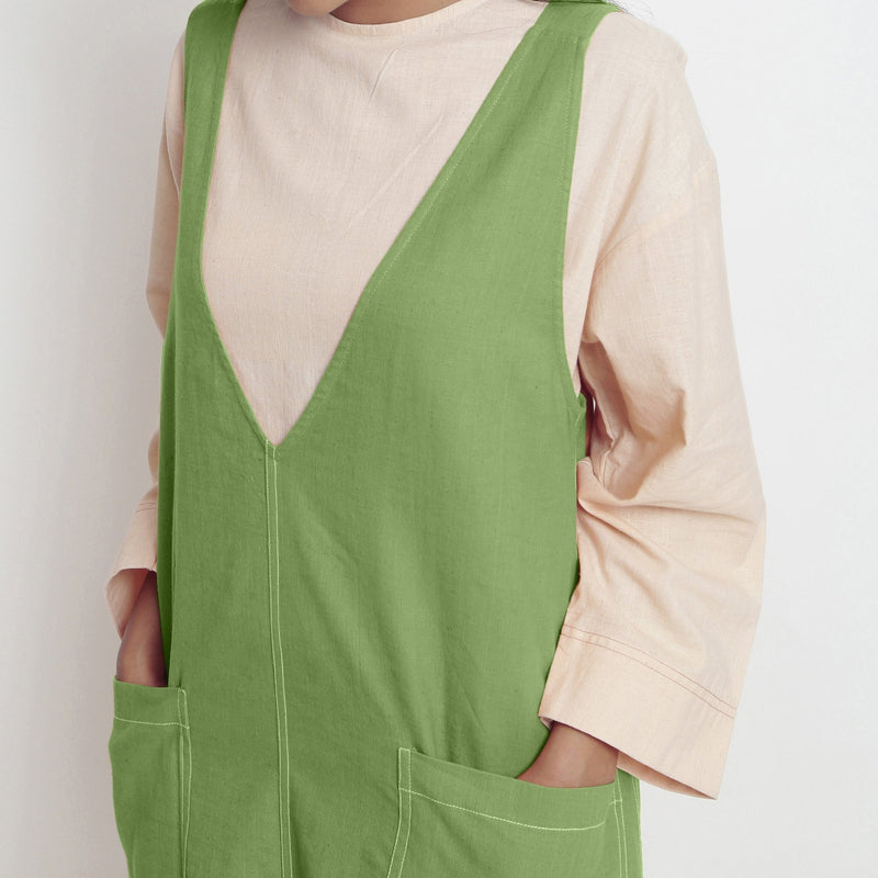 Green Cotton Flax Paneled Midi Shift Dress