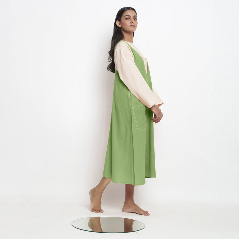 Green Cotton Flax Paneled Midi Shift Dress