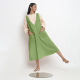 Green Cotton Flax Paneled Midi Shift Dress