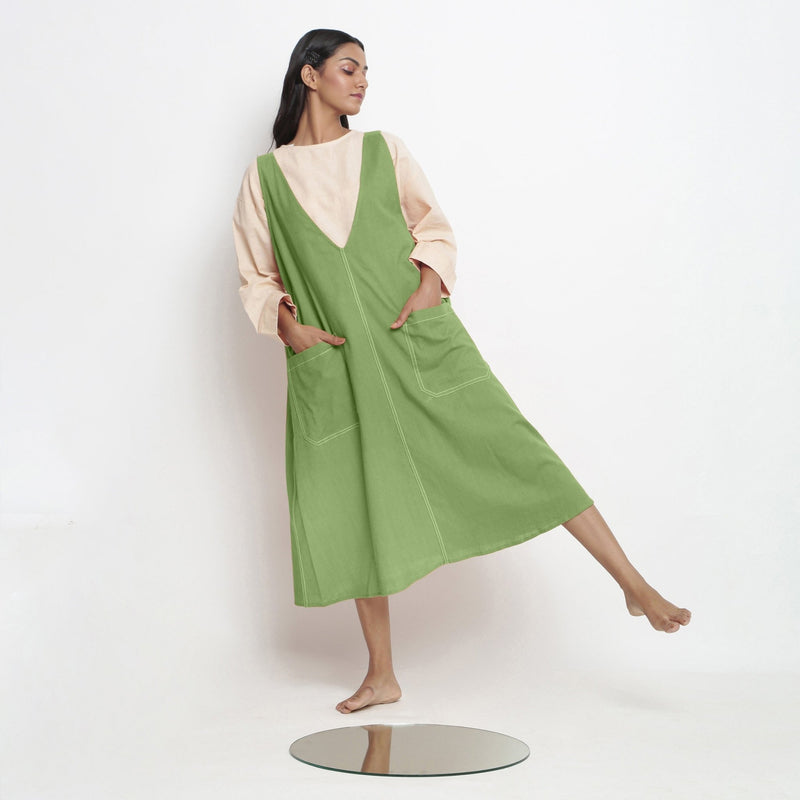 Green Cotton Flax Paneled Midi Shift Dress