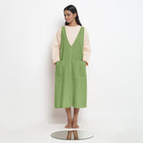 Green Cotton Flax Paneled Midi Shift Dress