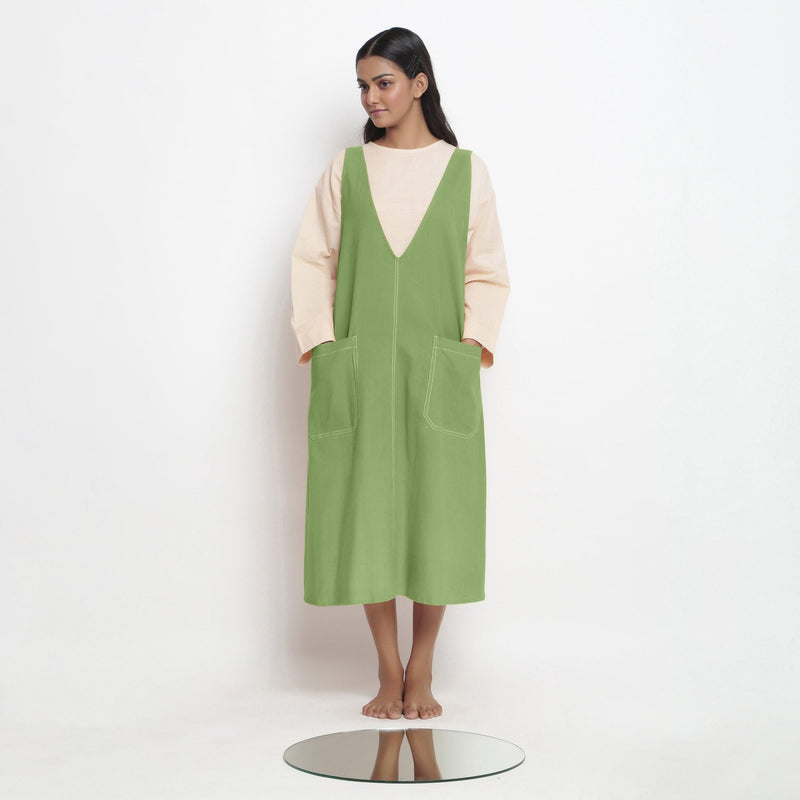 Green Cotton Flax Paneled Midi Shift Dress