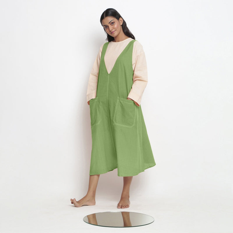 Green Cotton Flax Paneled Midi Shift Dress